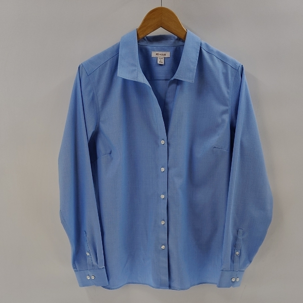 RED HOUSE Button Up Blue Blouse Size Large Fitted Top Collared Non Iron